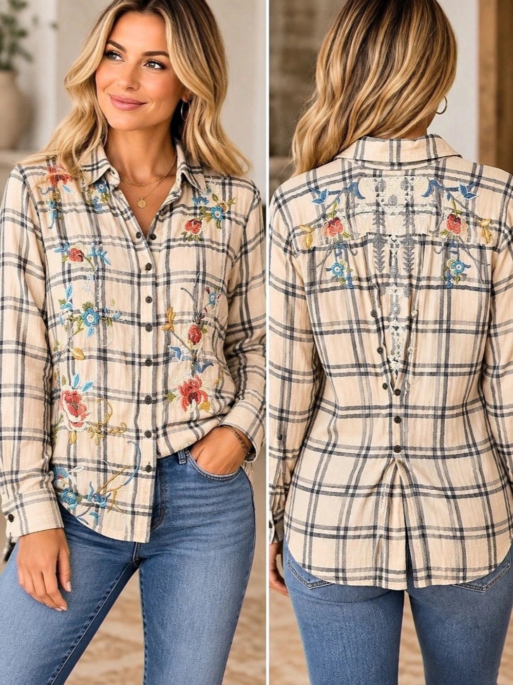 Johnny Was Floral Plaid Button Down (292989) 🌼 🦋